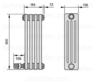 Схема (чертеж) Радиатор Zehnder Charleston 4090/4 №V004 Белый глянцевый RAL 9016